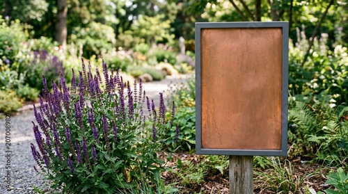 Copper sign mockup standing in a sunny botanical garden with sharp focus for park wayfinding and information display