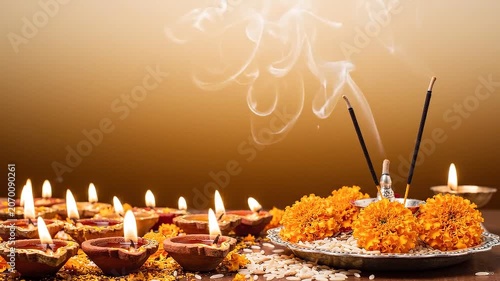Pitru Paksha remembrance festival background, glowing oil lamps arranged along the lower border, gentle incense smoke rising softly