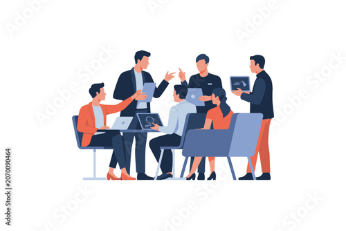 Business team having a meeting and discussing project strategy, vector illustration
