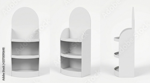 Cardboard display stand mockup set from multiple angles in minimalist studio light for retail product marketing