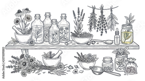 Foto Herbalist shelf with apothecary jars dried plants and mortar