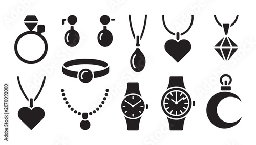 Foto Jewelry collection icons featuring rings earrings necklaces bracelets and luxury watches