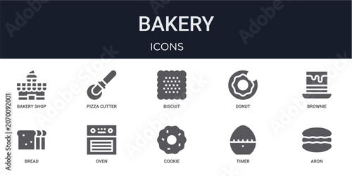 Set of 10 solid Bakery icons for dashboards, app screens and website sections. Filled glyph collection including pizza cutter, donut, bread, cookie and timer.