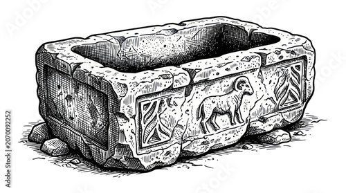 Fotografie Ancient stone trough with ram relief carving