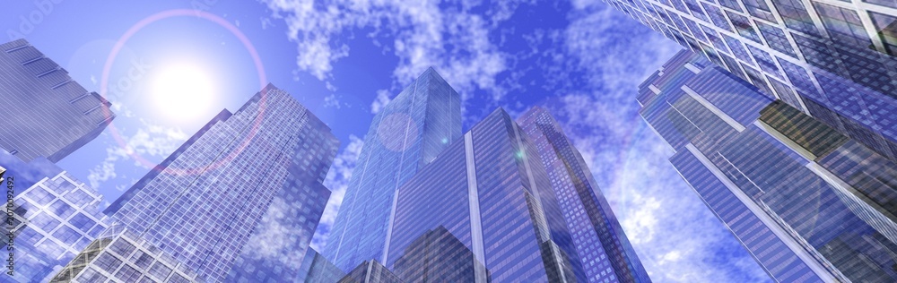 Fototapeta premium Skyscrapers, high-rise buildings from below against the background of the sky, cityscape, panorama of skyscrapers, 3D rendering