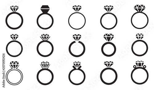 Tableau sur toile Collection of simple diamond ring icons on transparent background wedding jewelry engagement