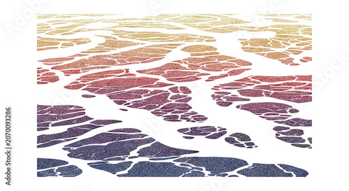 A top-down view shows an intricate pattern of cracked earth or a dry riverbed featuring a vibrant gradient transition from warm yellow to deep purple across the white terrain.