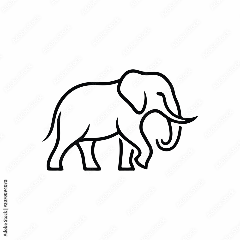 Fototapeta premium Simple line art illustration of an elephant walking with its trunk curled down