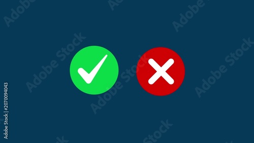 Animated pop-up green check mark and red cross X symbol on transparent background. A checkmark in and out motion graphics animation. Video footage of yes or no, true or false with alpha channel
