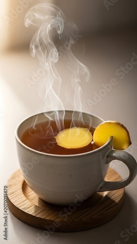 Steaming hot cup of tea with lemon slice on a wooden coaster.