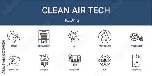 Obraz na płótnie Set of 10 outline web Clean Air Tech icons such as freshener, ion, detector, emi