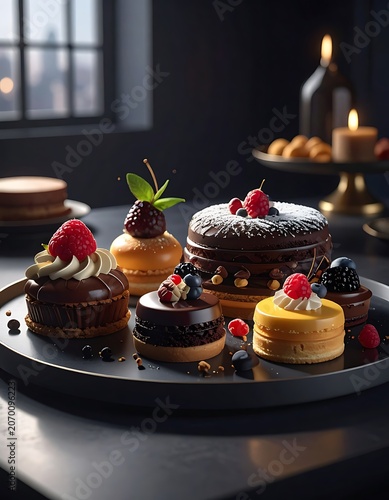 A plate of assorted desserts with berries on a table (1)