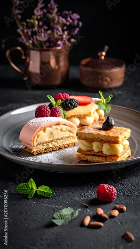A plate of assorted pastries with berries and nuts on a dark surface