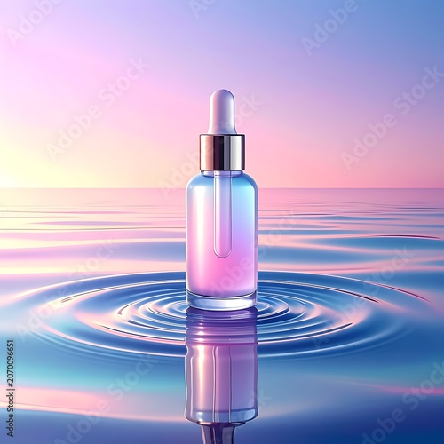 A serene dropper bottle floats on rippling water at sunset (41)