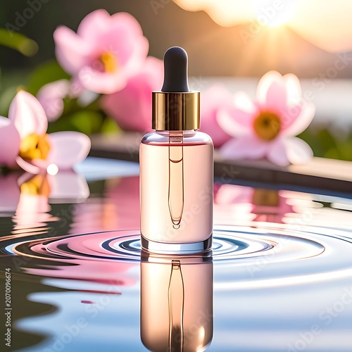 A serene dropper bottle on rippling water with flowers
