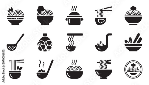 Noodle and pasta bowl icon collection featuring chopsticks and cooking pots on background.