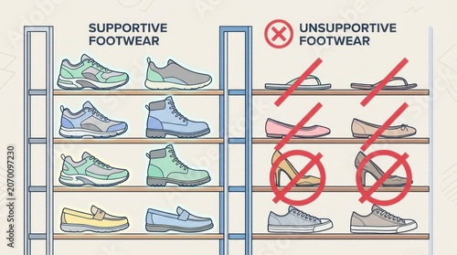 Supportive and unsupportive footwear comparison on display shelves with clear labels and illustrations