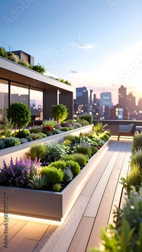 A serene rooftop garden overlooking a city skyline at sunset (23)