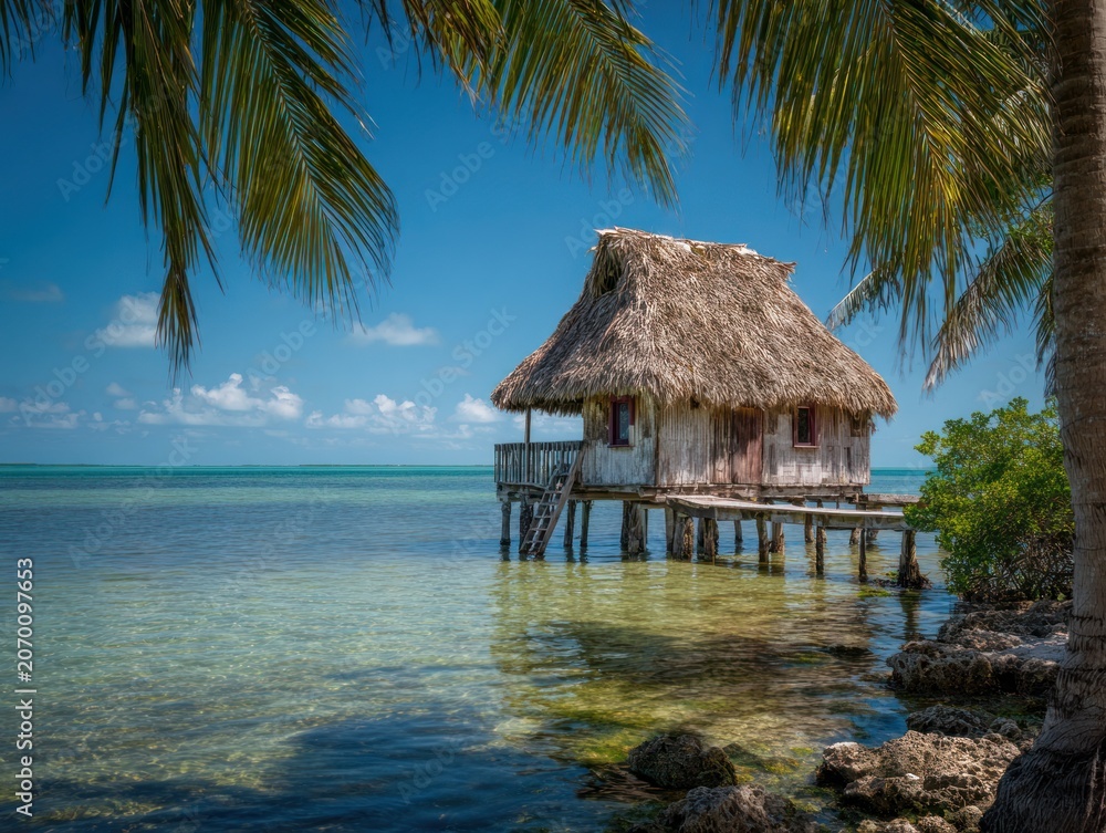 Fototapeta premium Thatched-roof wooden hut on stilts by clear tropical waters under blue sky with palm trees