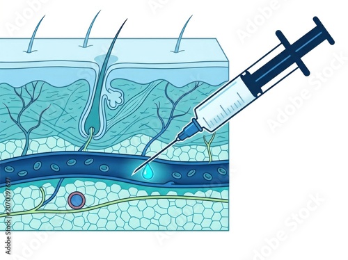 Illustration of syringe injecting into skin layer, showing blood vessel and tissue structure