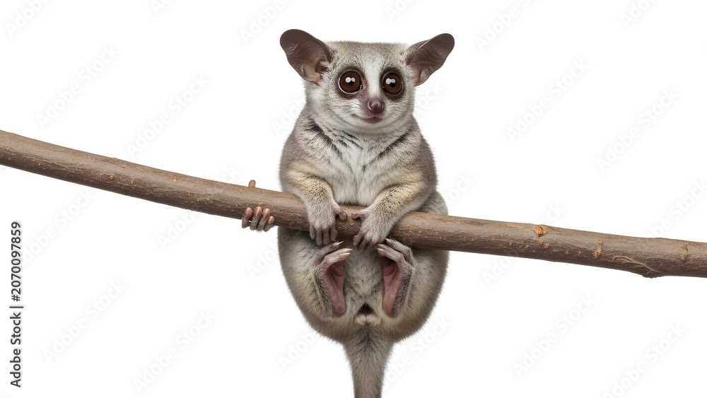 Obraz premium Cute bushbaby primate with large eyes clinging to a brown wooden branch on white background