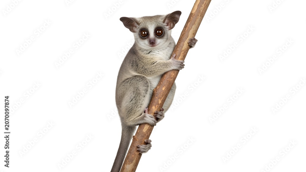 Obraz premium Cute Bushbaby Lemur Perched on a Tree Branch with Wide Eyes and Soft Grey Fur