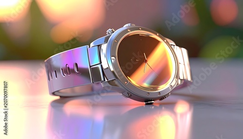 A silver watch with a reflective face and band on a table