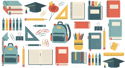 School supplies and stationery elements set