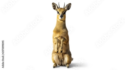 Dik-dik antelope standing tall on hind legs looking forward with ears perked on white background