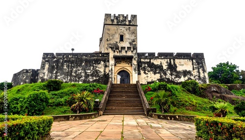 A stone structure featuring a central tower and battlements, accessed by a grand staircase leading to an arched doorway. Lush greenery surrounds
