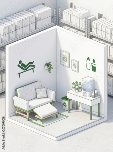 Modern wellness corner with seating, water cooler, and plant decor in minimalist workspace