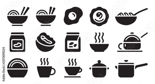 Foto Cooking and hot meal icons featuring soup bowls noodles coffee cups and kitchen cookware