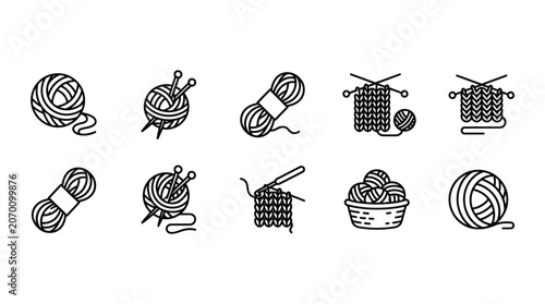 Obraz na plátně Knitting and crochet line icons with yarn balls and needles