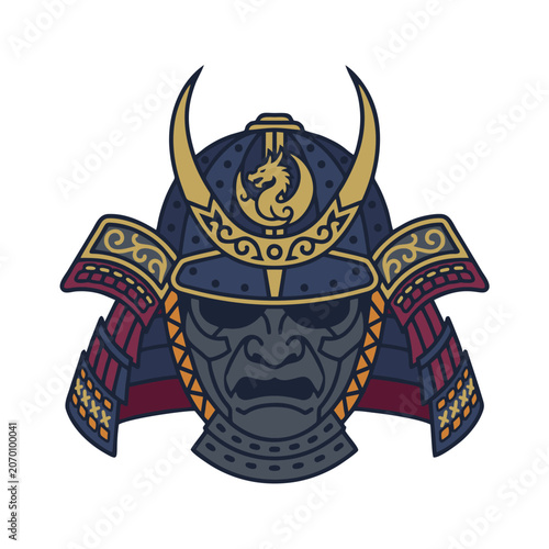 Vibrant samurai helmet with dragon emblem