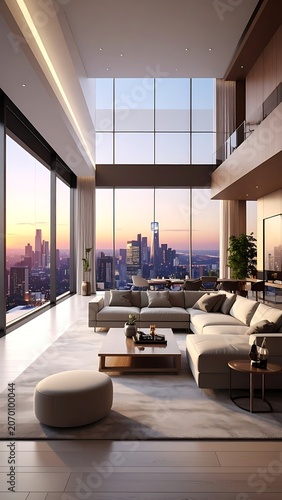 Modern living room with city skyline view at sunset (30)