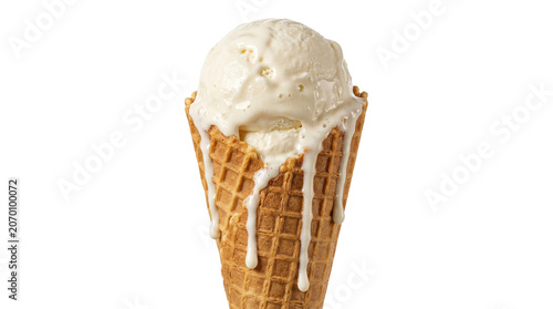 Vanilla ice cream scoop in waffle cone, melting creamy gelato with drips, sweet dairy dessert for summer refreshment and cafe menu isolated PNG with Transparent Background