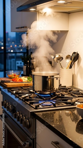 Steaming Pot on Gas Stove in Modern Kitchen with City View.