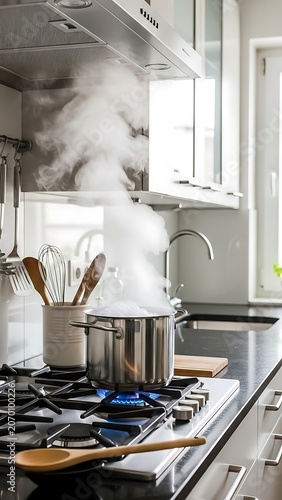 Steaming Pot on Gas Stove in Modern Kitchen.