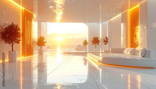 Modern white room with orange accents and sunset view