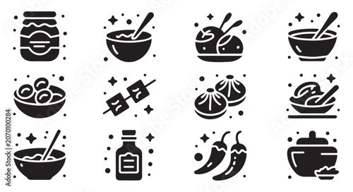 Konstfotografi Asian culinary symbols featuring ingredients and prepared dishes in black glyph design