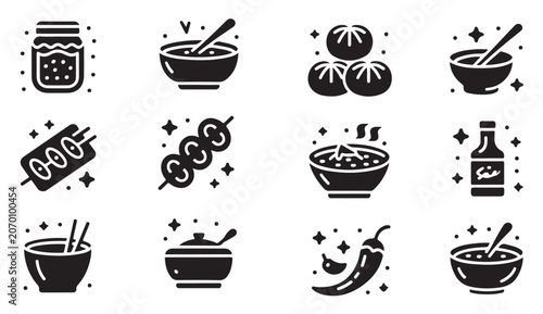 Photos Set of various asian food and ingredients icons and symbols.