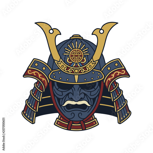 Vibrant samurai helmet with gold accents and red details