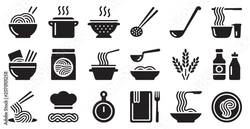 Comprehensive kitchen and noodle icon set for restaurant menu and digital design projects.