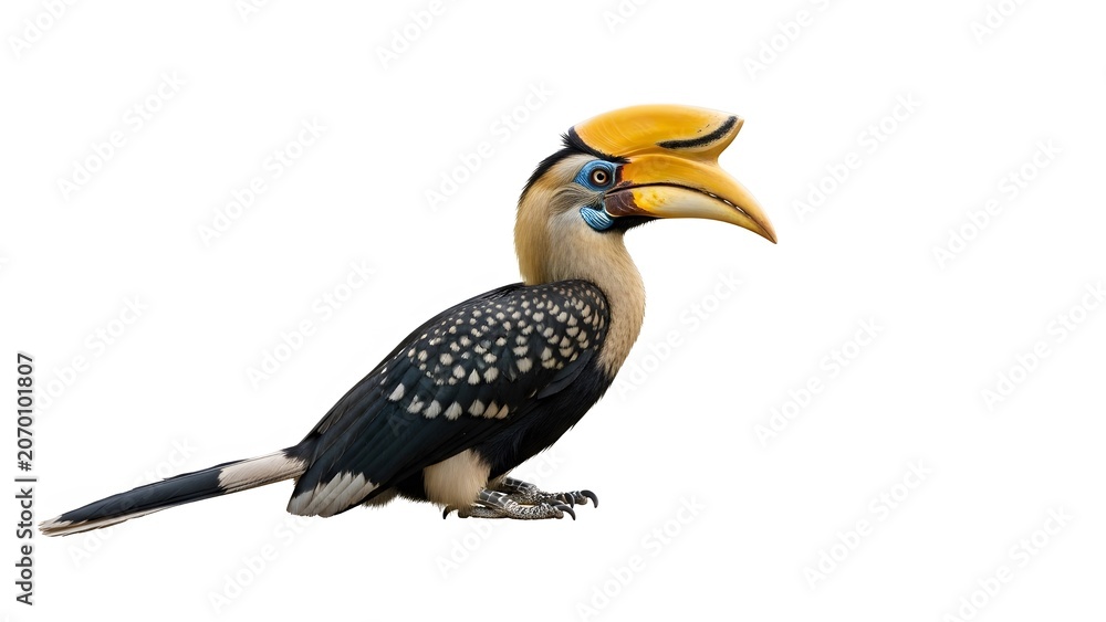 Fototapeta premium Side profile of a Horned Bill bird with a large yellow casque on its head against a white background