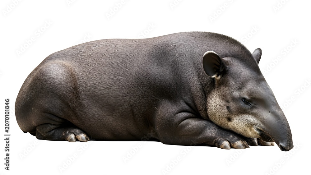 Obraz premium Sleeping tapir animal lying down on a white background isolated mammal