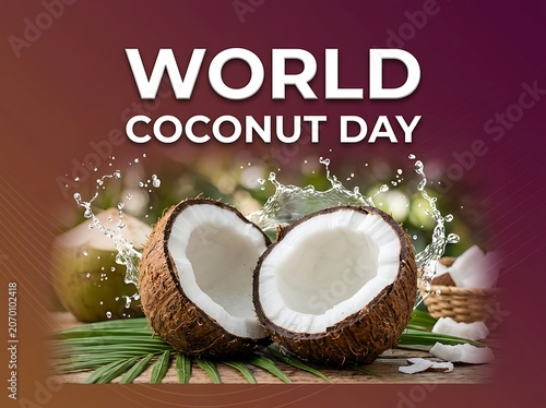Celebrate world coconut day with fresh open coconuts and splashing water in vibrant setting