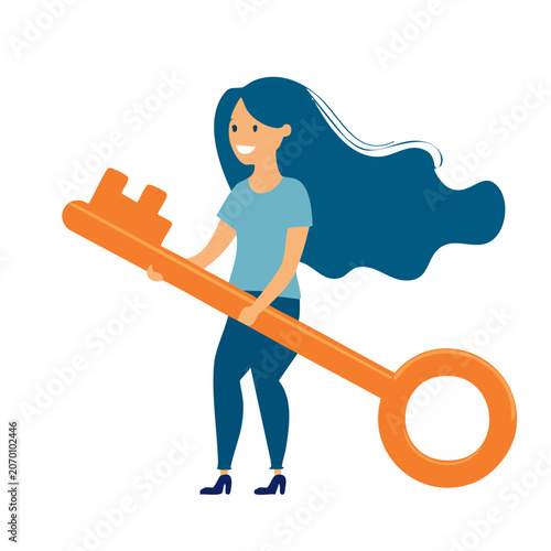 Woman holding giant key flat vector illustration