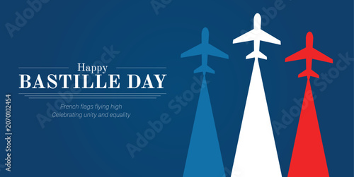 Cuadro en lienzo Happy Bastille Day Banner with French Tricolor Airplanes and Patriotic Aviation