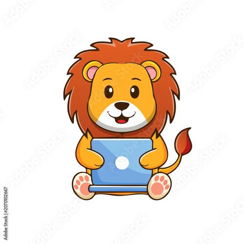 Cute cartoon lion using a laptop