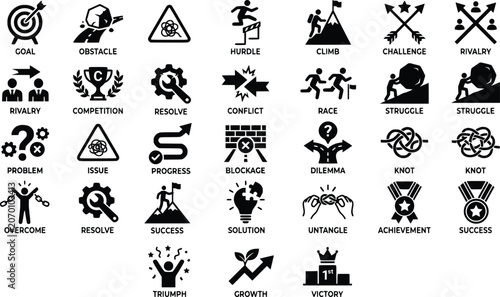 Fotografie Business challenge and success icons set, 31 black vector pictograms for overcom
